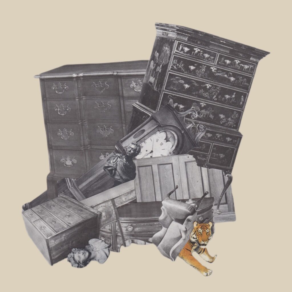 cover at for Trouble, depicting a cluster of old furniture and a tiger