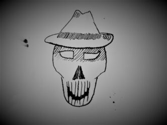 ink illustration of a skull in a hat