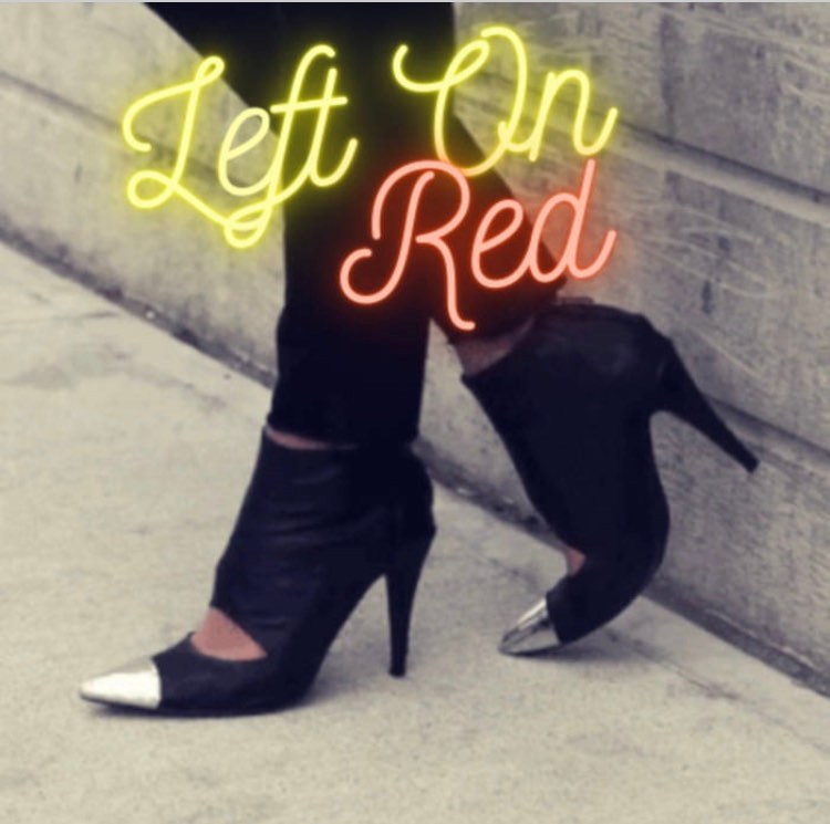 high-heels shoes and neon light text saying "left on red"